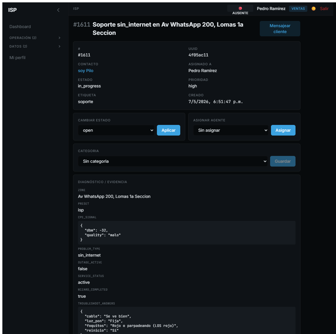 Detalle de un ticket de soporte con el diagnostico que ya hizo el agente: senal CPE, tipo de falla y respuestas del wizard