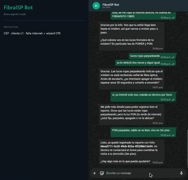 Conversacion de WhatsApp donde el agente diagnostica una falla de internet paso a paso y escala con un folio