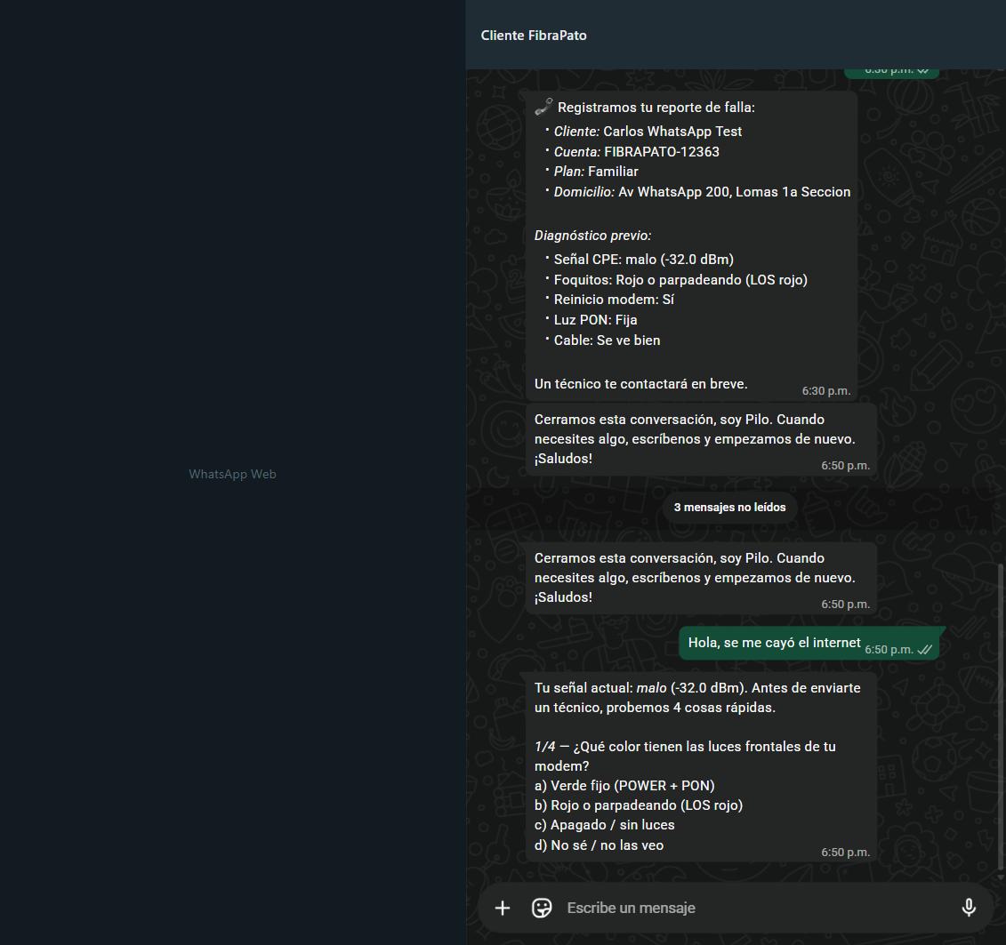 WhatsApp: el agente registra el reporte de falla y corre el wizard de diagnostico con el cliente