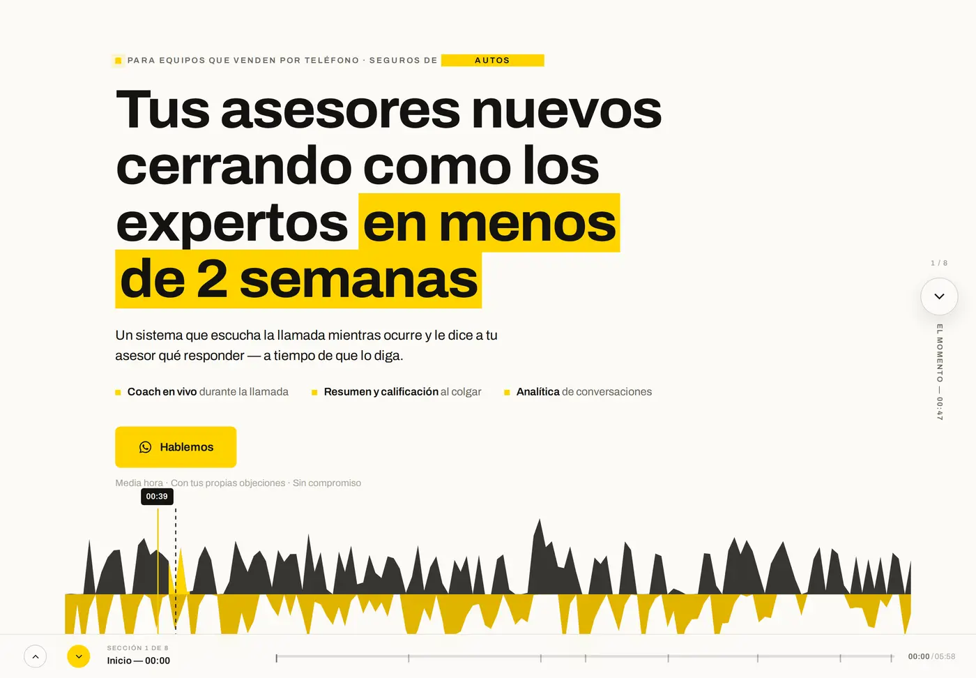 Portada de la landing: titular 'Tus asesores nuevos cerrando como los expertos en menos de 2 semanas' sobre una onda de audio de una llamada real de 5 minutos