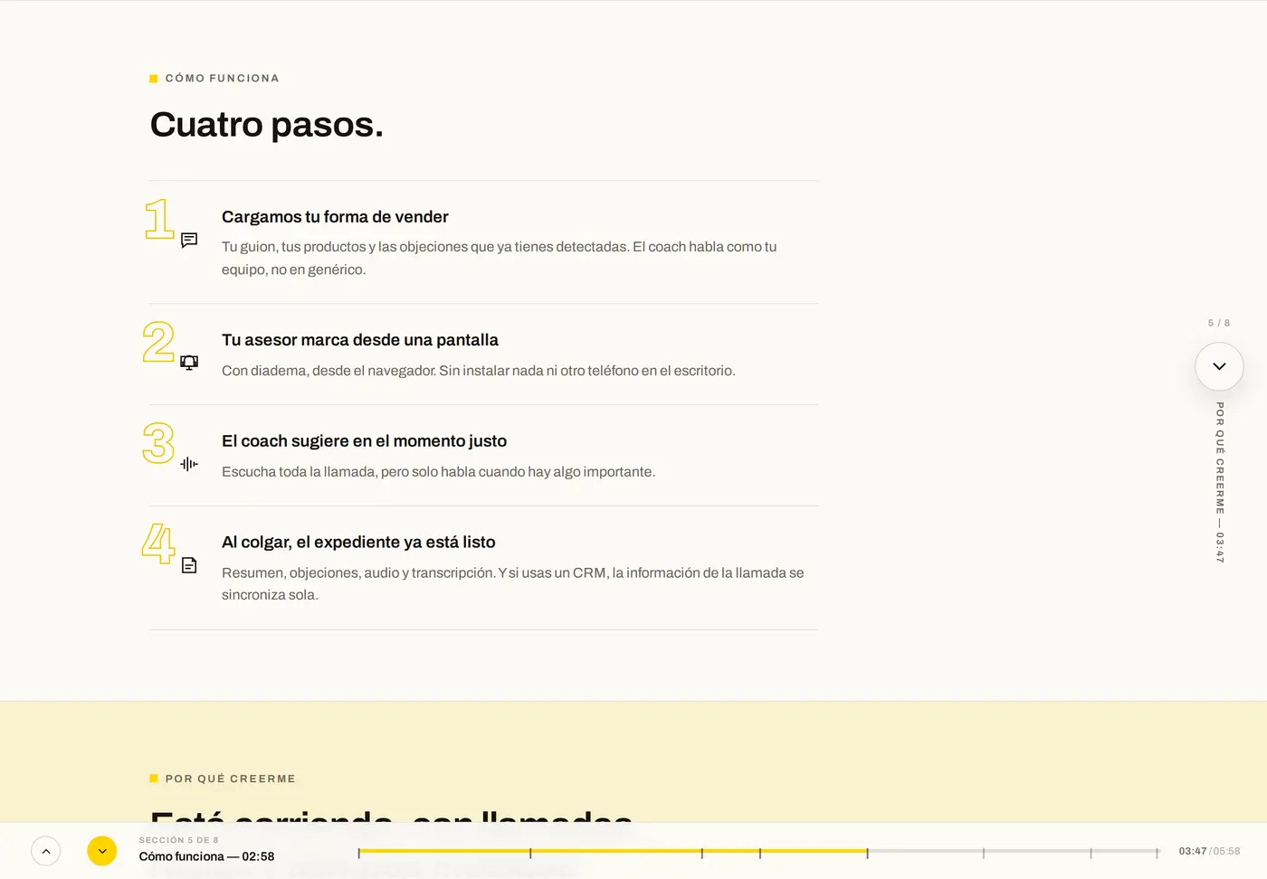 Seccion 'Como funciona' con cuatro pasos: cargar la forma de vender, marcar desde el navegador, sugerir en el momento justo, expediente listo al colgar