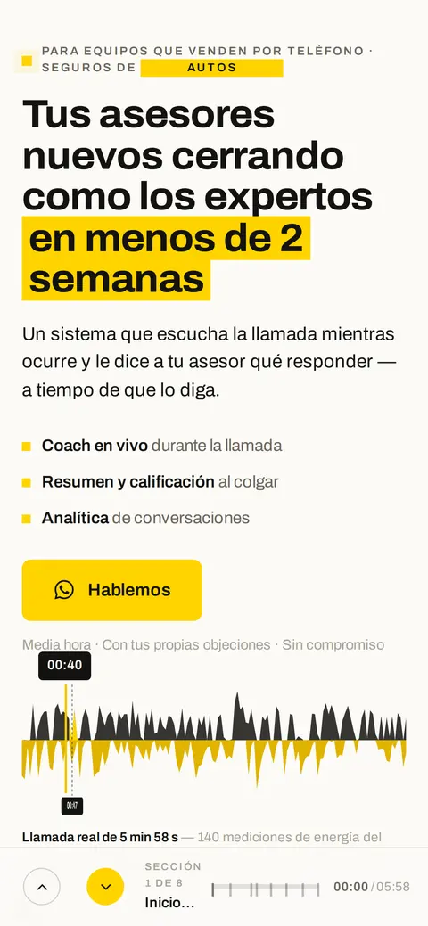 La misma landing en telefono, con el titular, los tres beneficios y el boton Hablemos