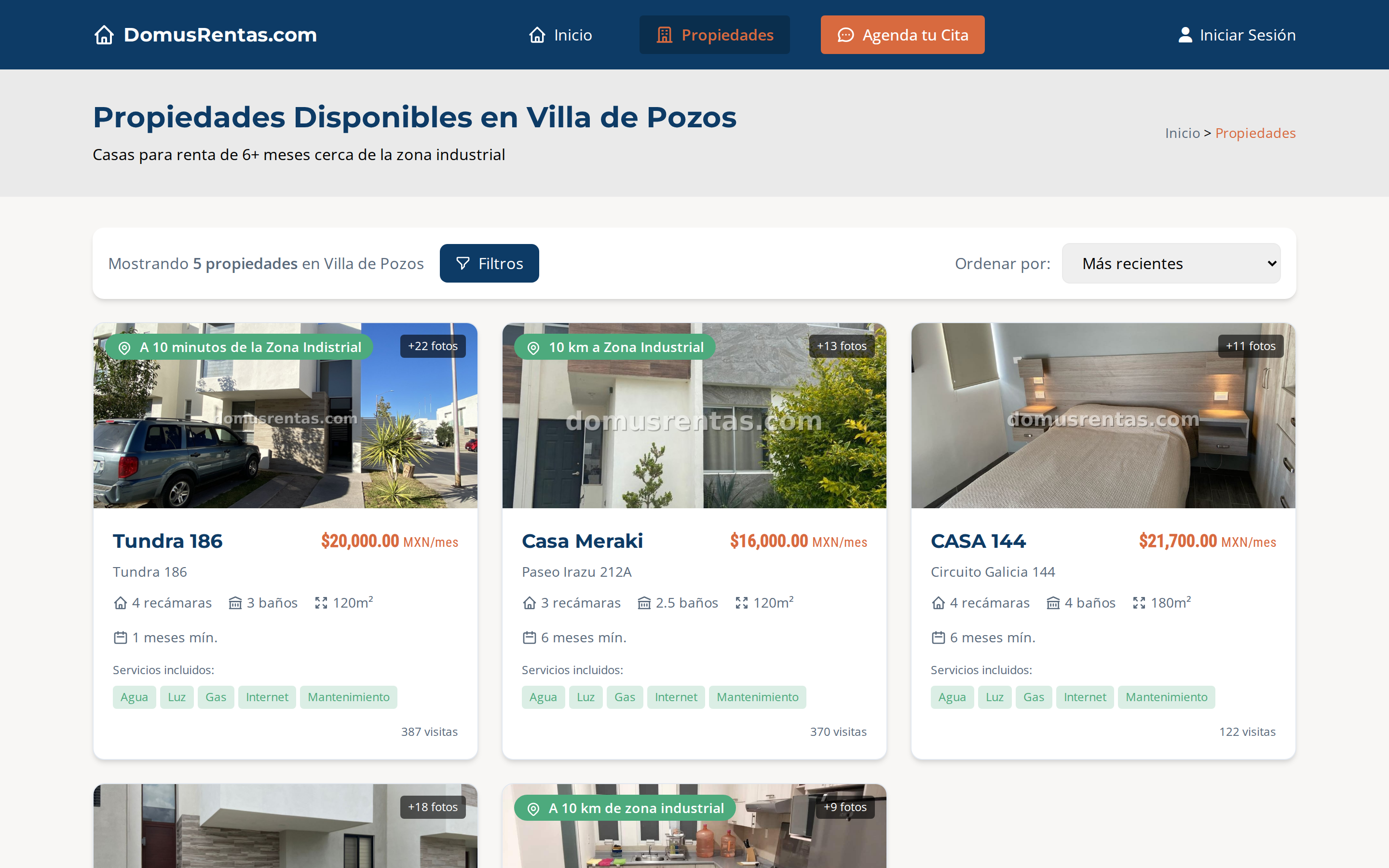 Listado publico de propiedades en Domus Rentas: tarjetas con foto, precio mensual, recamaras, banos, metros y servicios incluidos