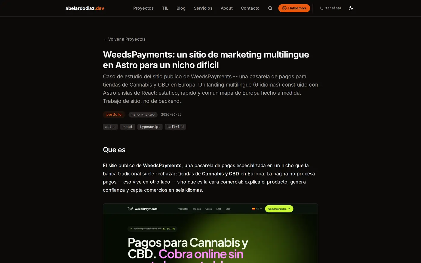 Una pagina de case study renderizada: titulo, descripcion, badges de categoria y 'Repo Privado', tags de stack, y el cuerpo MDX con figuras