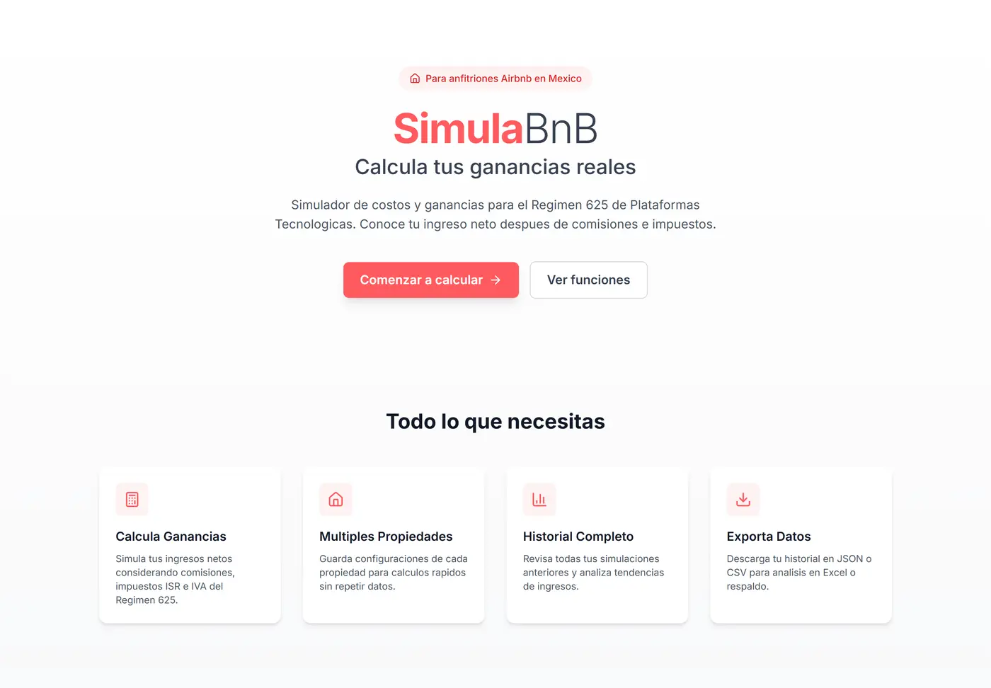 Landing de SimulaBnB con el titulo 'Calcula tus ganancias reales' y cuatro features: calcula ganancias, multiples propiedades, historial completo y exporta datos