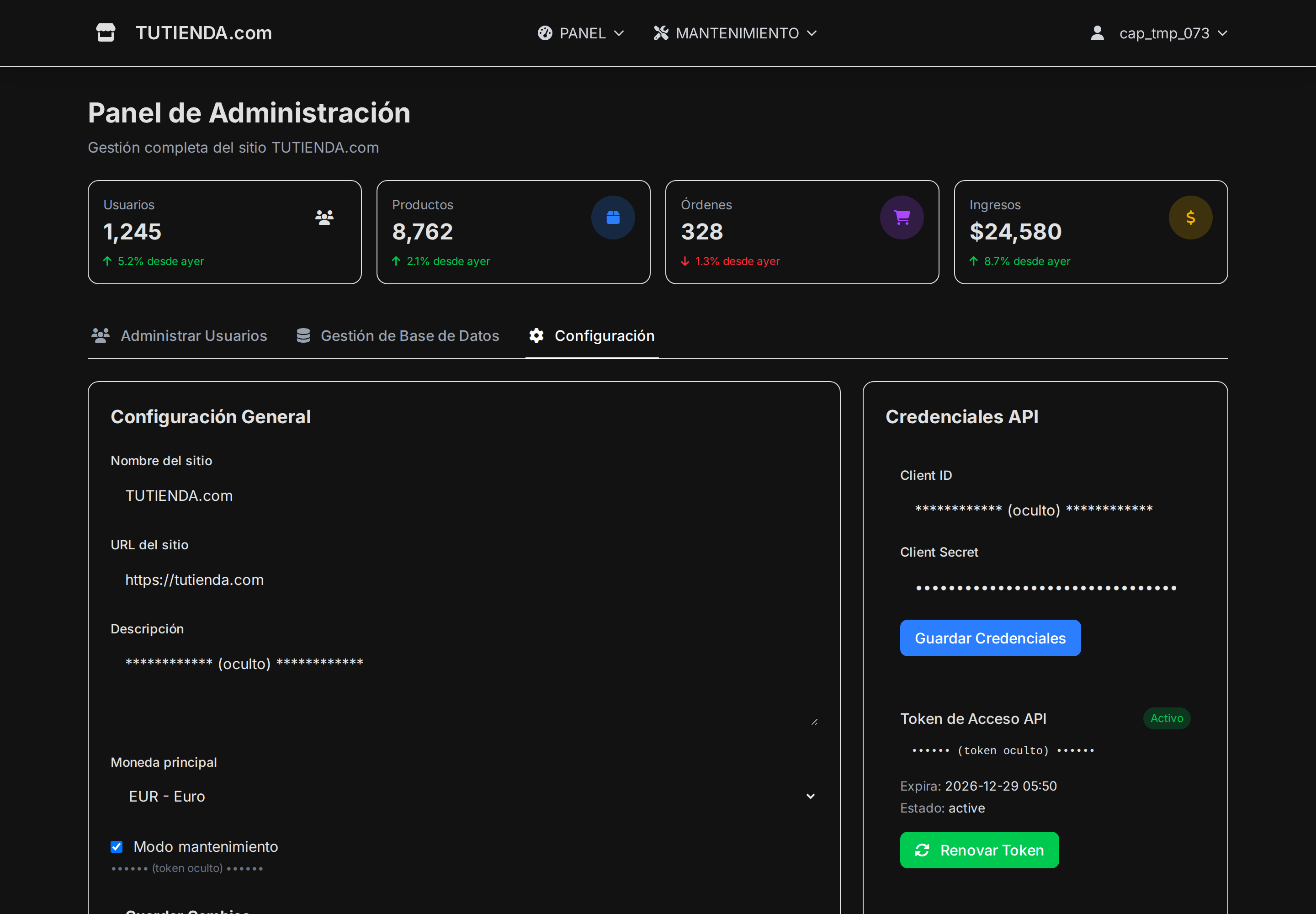 Configuracion de la integracion con Syscom: credenciales de la API, token de acceso con estado y fecha de expiracion, y boton para renovar el token