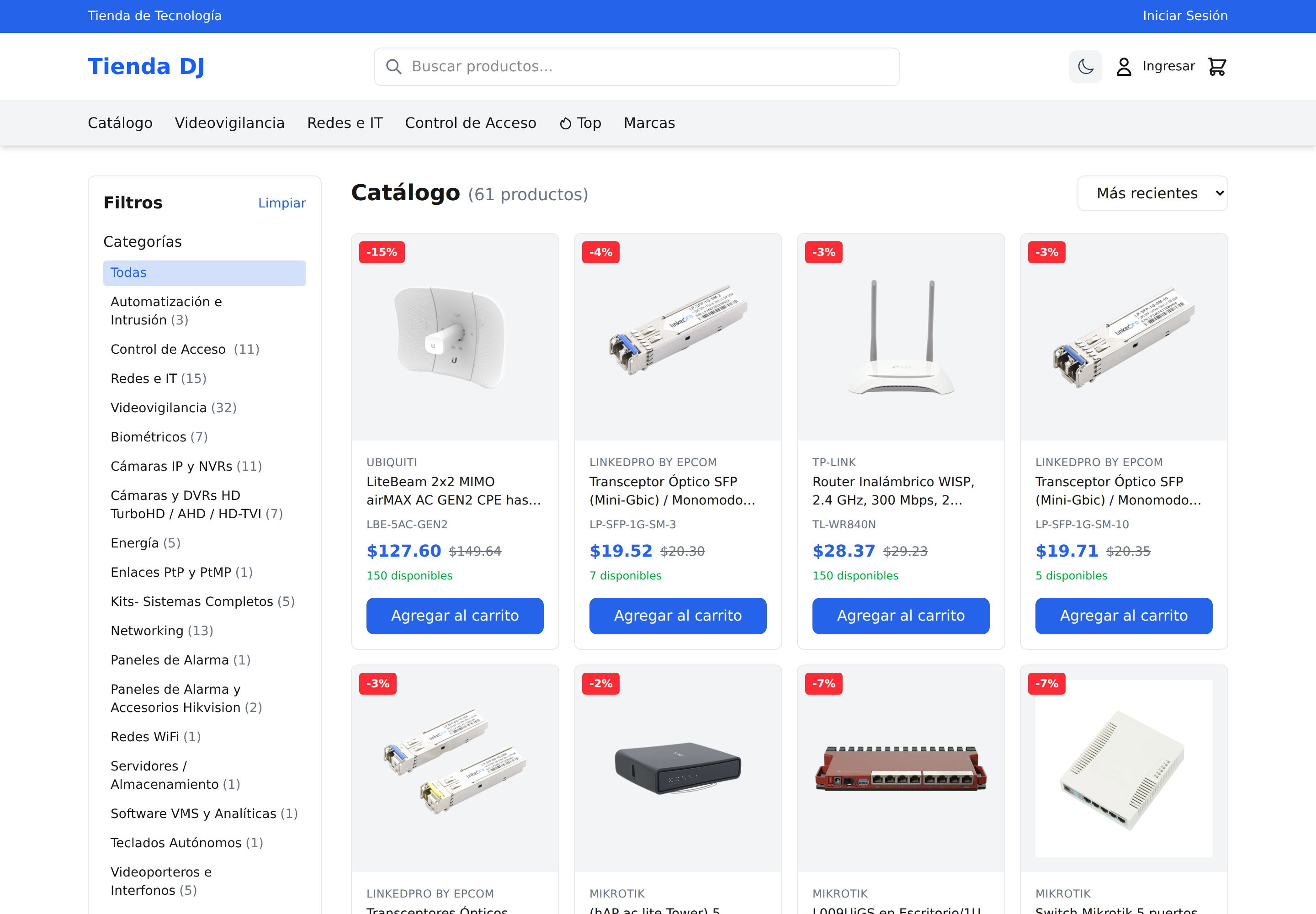 Catalogo completo del storefront con filtros laterales por categoria y grid de productos con precio y existencia