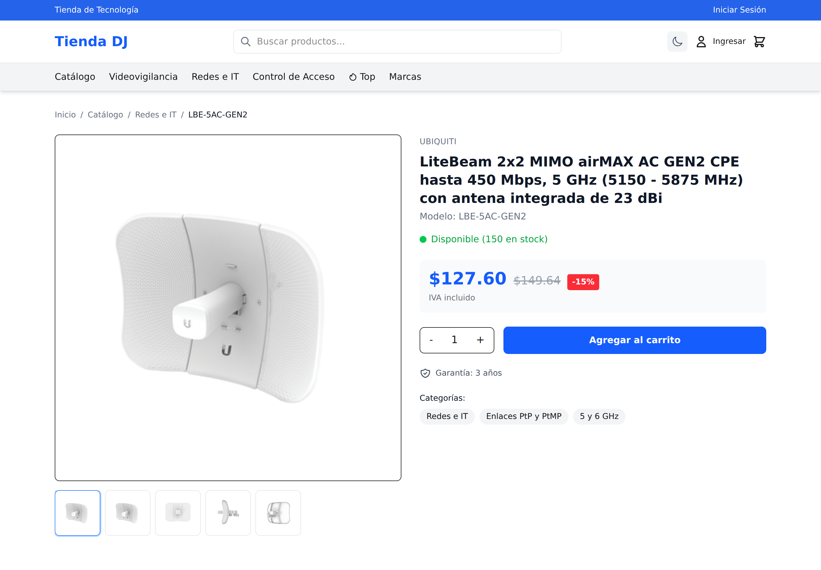 Ficha de producto con galeria de imagenes, precio con descuento, existencia, garantia y categorias