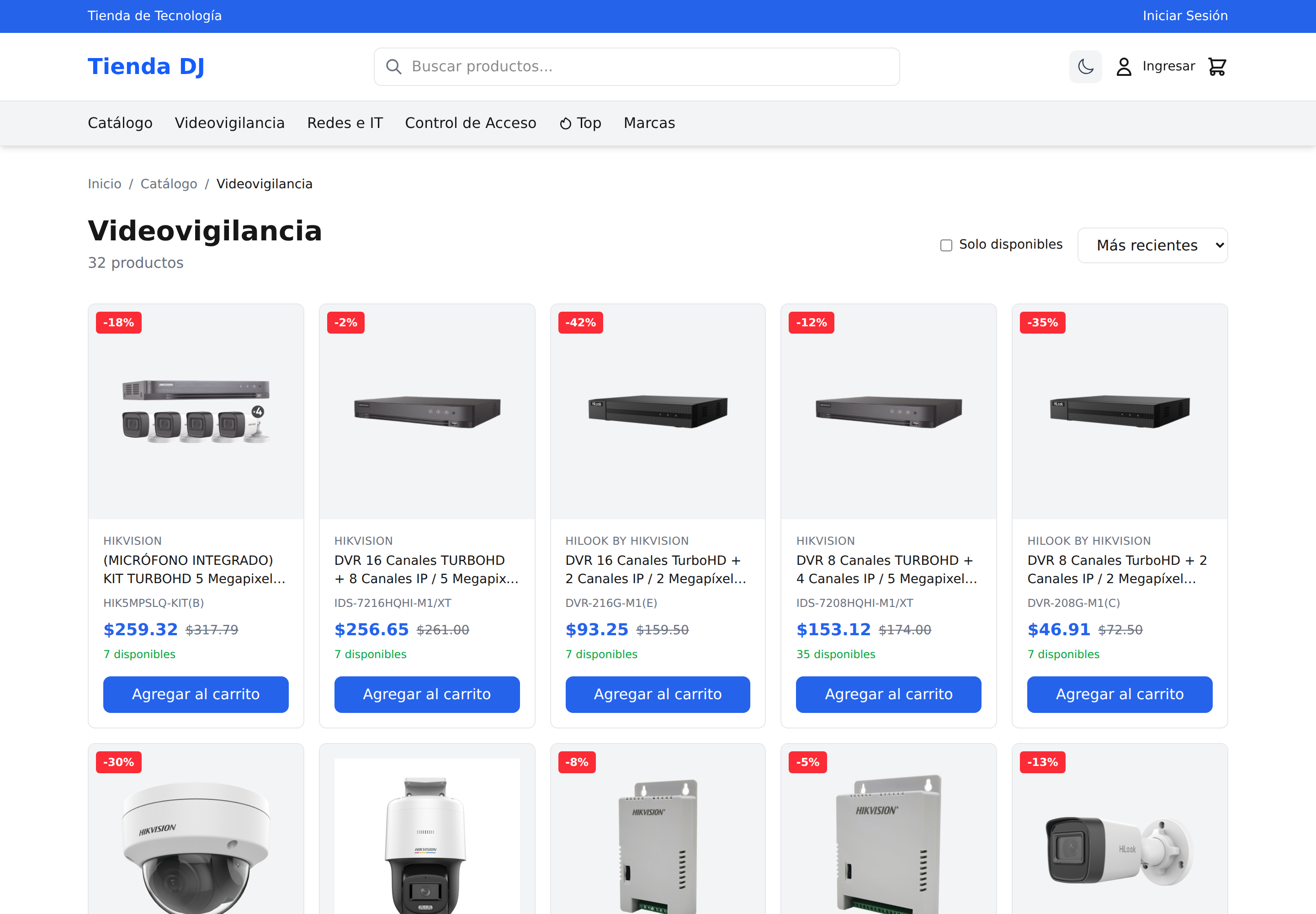 Pagina de categoria Videovigilancia con grid de productos, precios con descuento y existencias por modelo
